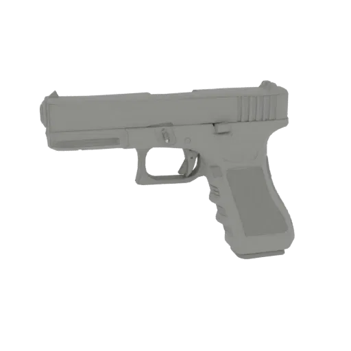 A 3D model of a modern semi-automatic pistol, rendered in a neutral gray material against a white background.