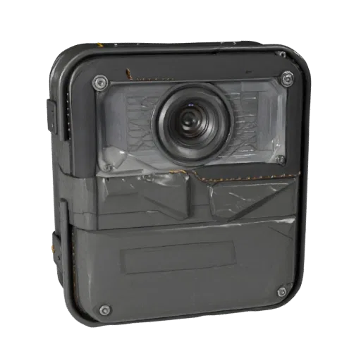 Riot Body Camera 3D-Modell, Dreiviertel-Frontansicht, Unity-Viewport, mit transparenten Schilden, schützende Silhouette.