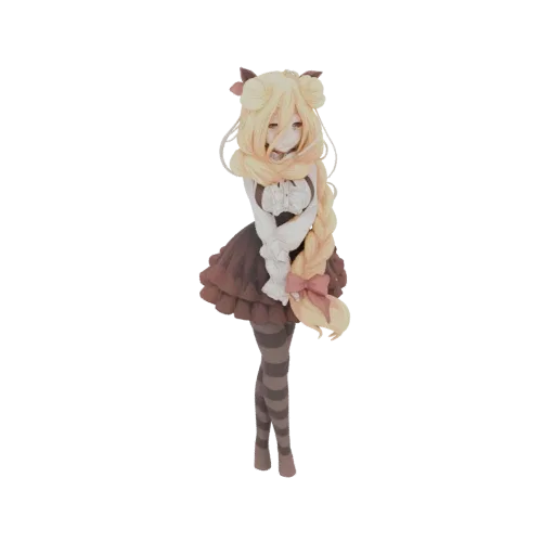 3D model render of an anime girl with long blonde braided hair, wearing a brown and white dress and striped stockings.