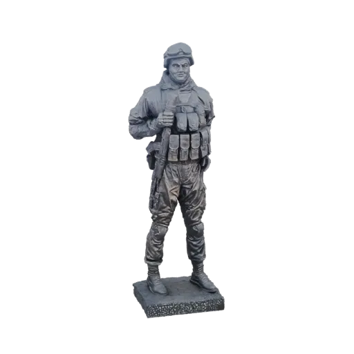 3D model of a modern soldier standing with a rifle, wearing tactical gear and a helmet.