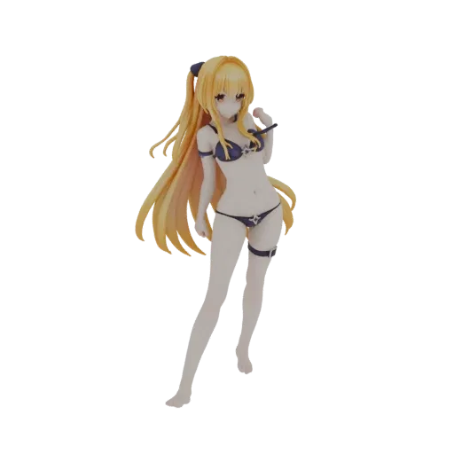 3D model of an anime-style girl wearing a blue bikini, with long blonde hair tied in a ponytail, striking a confident pose.