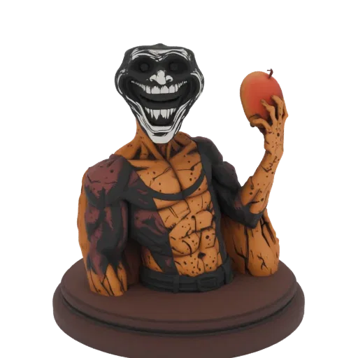 Modèle 3D du personnage mème Trollface au corps musclé, tenant une mangue, sur une base marron.