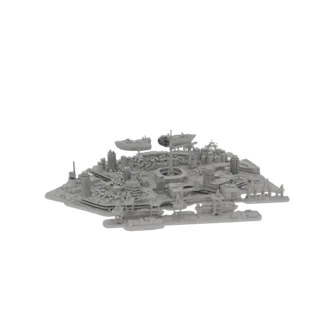 Modèle 3D d'une diorama de ville côtière futuriste avec bâtiments détaillés, navires et infrastructures, présenté sur fond bl