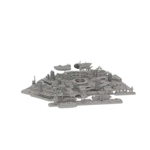 Modello 3D di un diorama di città costiera futuristica con edifici dettagliati, navi e infrastrutture, presentato su sfondo b