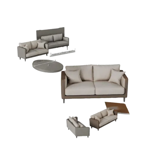 Compact Modular Couch Product Viz 3D model, living room, three-quarter studio product render, woven fabric detail.