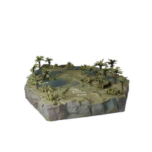 Swamp Ambush Base High Poly 3D model, close-up cinematic environment render, showing sculpted terrain, mud shelves.