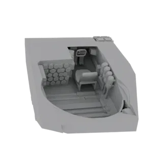 3D model render of a military vehicle interior, showing seats, a control panel, and stacked ammunition.