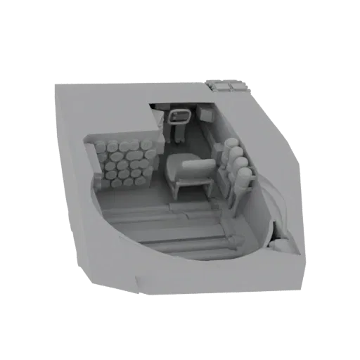 3D model render of a military vehicle interior, showing seats, a control panel, and stacked ammunition.
