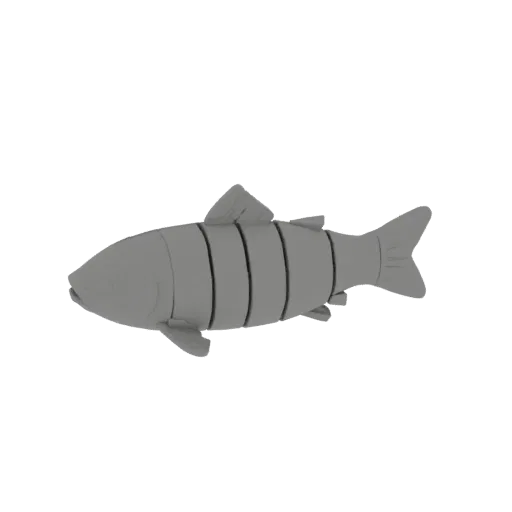 3D model of a gray segmented crucian carp, stylized as a toy, consisting of 6 separate parts