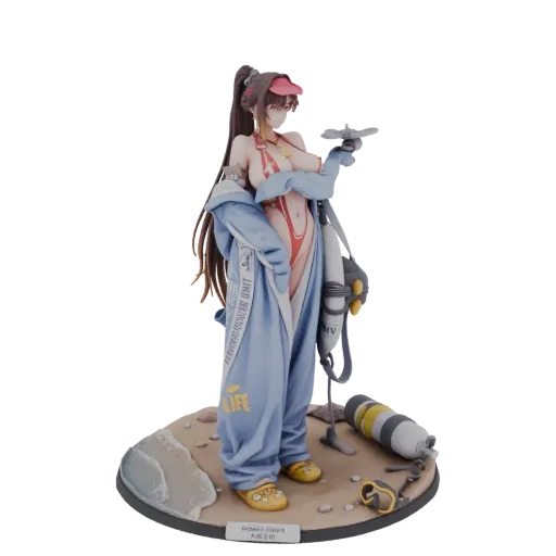 3D model of a young woman in a red swimsuit and blue jacket, posing with diving gear on a sandy base.