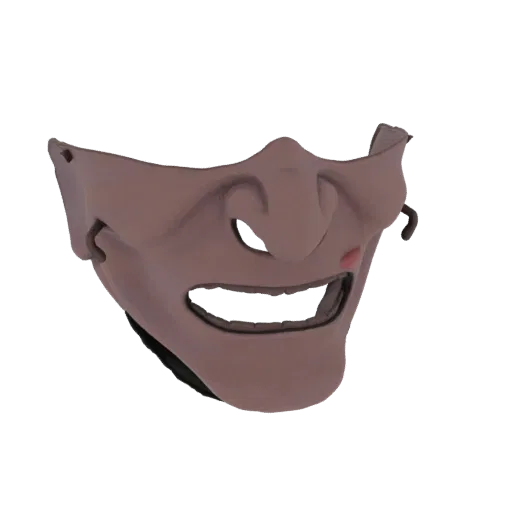 3D model of a Japanese Samurai Oni half mask with a fierce expression, bared teeth, and prominent features, rendered on a whi
