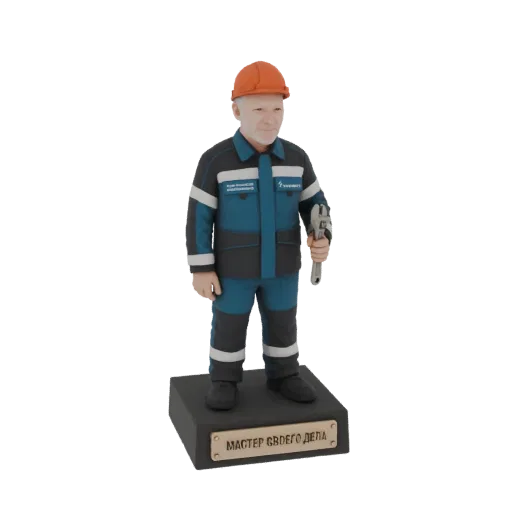 3D model of a male worker in a blue uniform and orange hard hat, holding a wrench, standing on a base with Russian text.