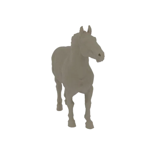 A neutral-colored 3D model of a horse standing, viewed from the front, with its head turned slightly to the right.