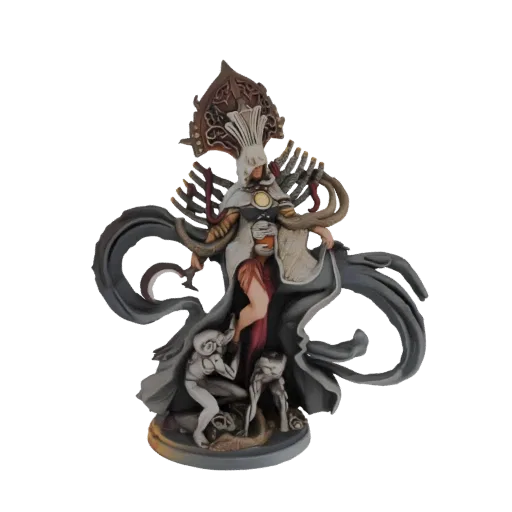 3D model of a mysterious oracle figure with an elaborate headdress, dark flowing robes, and entangled figures at its base, pr