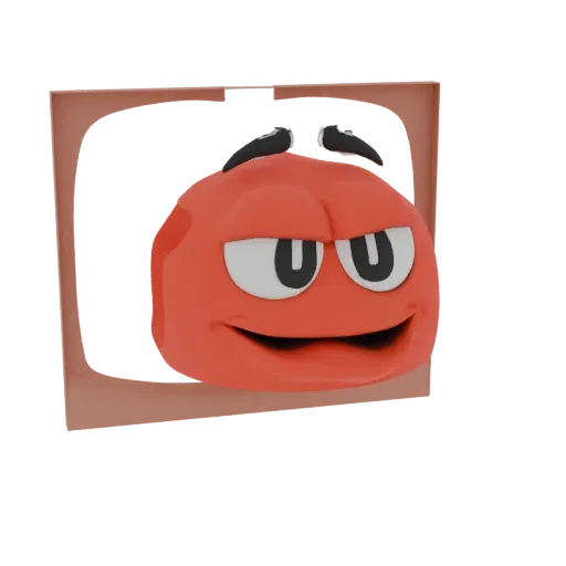 3D render of a red cartoon character head with small black horns and a sly expression, framed by a brown border.