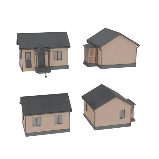 3D model of a modern single-story house with a light-colored exterior and a dark roof, featuring a front porch and steps.