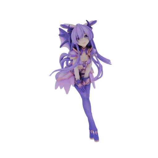 3D model of a purple dragon girl with long hair, dragon wings, and a fantasy outfit, posed gracefully.