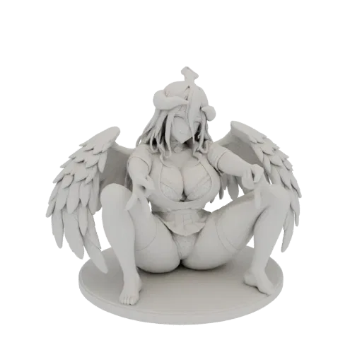 3D model of a white angel maid with large wings, crouching on a circular base, detailed outfit and wings.