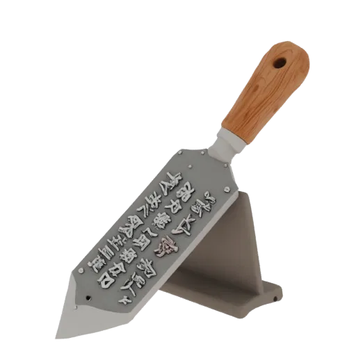 3D model of an engraved trowel on a stand, rendered in a realistic style