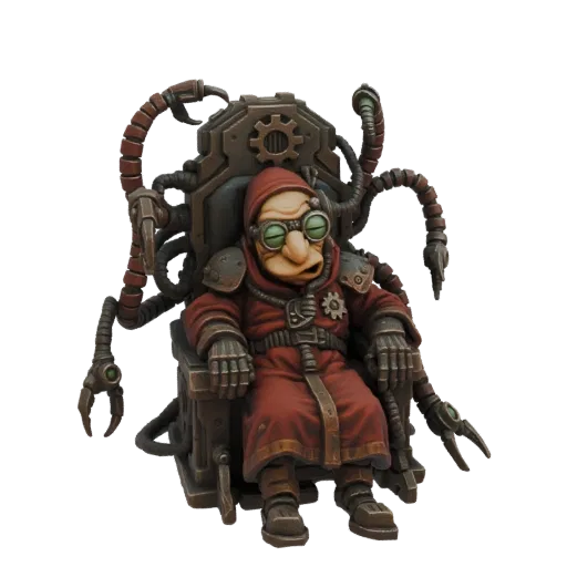 3D model of a Gnomish Tech-Priest with large goggles and red robes, seated in a complex mechanical throne with robotic arms.