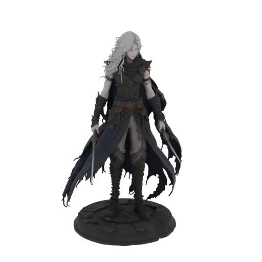 3D model of a Dark Elf Assassin with long white hair, dark armor, and two daggers, standing on a stone base.