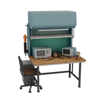 3D model of electronics assembler workstation: desk with oscilloscope, soldering station, multimeter, and chair.