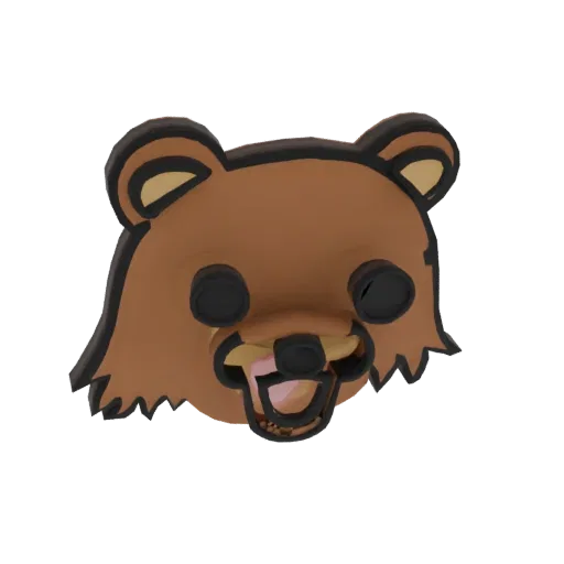 3D model render of a cartoon bear head with black eyes, open mouth, pink tongue, and brown fur with a black outline.