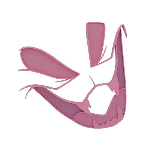 3D-Modell einer pinken Anime-Katzenmaske mit wildem Ausdruck, spitzen Zähnen und spitzen Ohren, vor weißem Hintergrund.