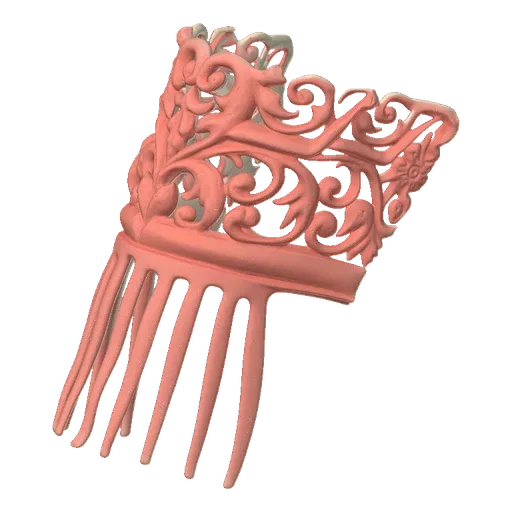 A 3D render of an ornate tiara comb with intricate floral and scrollwork designs, presented in a coral-pink color.