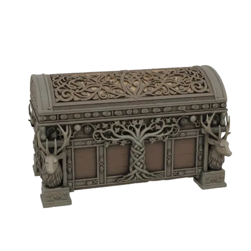 3D model of an ornate Celtic chest with a central Tree of Life and stag head carvings on a white background.