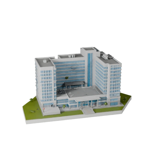Stilisiertes Krankenhausgebäude 3D-Modell - Spiel-Asset für Architektur