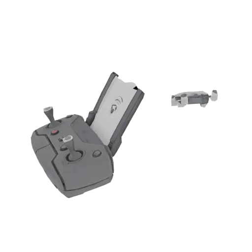 3D model of a DJI Mavic drone remote controller with its screen open, and a small drone beside it, against a black background