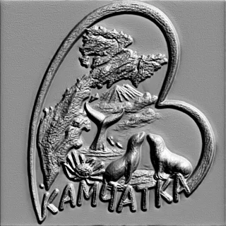 3D model of Kamchatka bas-relief in heart shape with volcanoes, whale, and sea lions