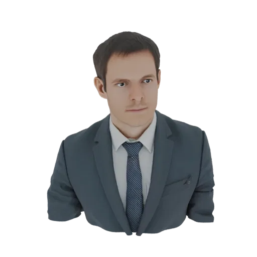 3D model of a business man wearing a dark suit, white shirt, and patterned tie, looking to the side.