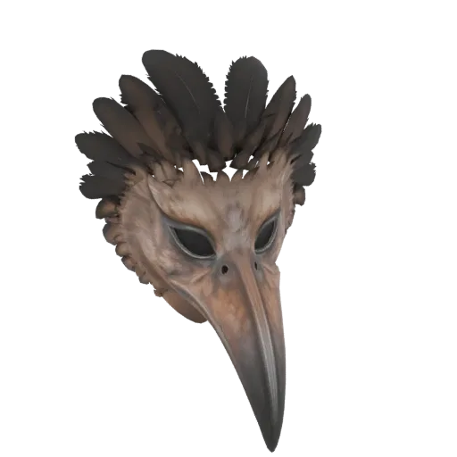 3D-Modell einer realistischen Rabenmaske mit großem Schnabel, braun, mit detaillierter Federtextur.