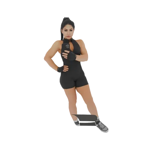 3D model of a fit woman in black athletic wear posing with a smartphone, captured mid-stride.