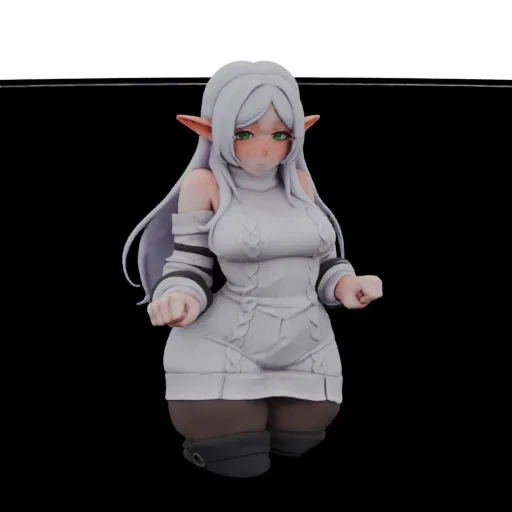 Modelo 3D de una chica elfa con cabello blanco vistiendo un suéter blanco de punto trenzado y calcetines oscuros hasta el mus