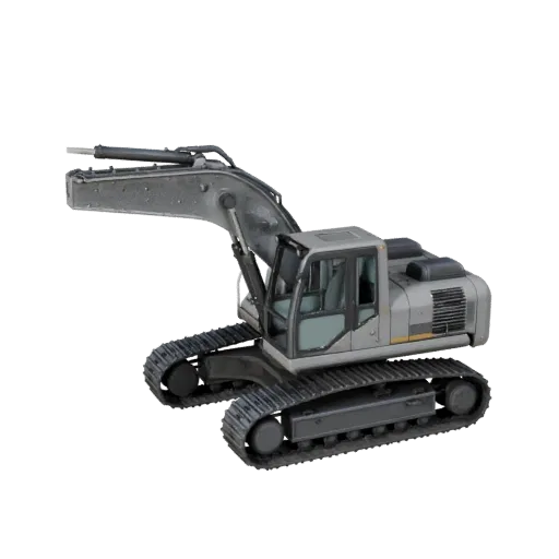 Warehouse Excavator Realistic 3D model, three-quarter studio render, showing painted steel, form detail.