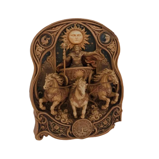 3D-Modell des Wagens des Sonnengottes, mit Helios in seinem von vier Pferden gezogenen Wagen, vor einem himmlischen Hintergru