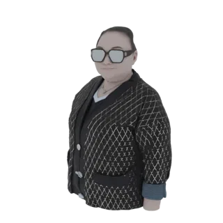 3D-Modell einer Frau in schwarzer Jacke mit Rautenmuster, Sonnenbrille und Halskette, posierend vor weißem Hintergrund.