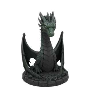 3D model render of a dark green dragon statue sitting regally on a stone base, with wings spread and head looking forward.