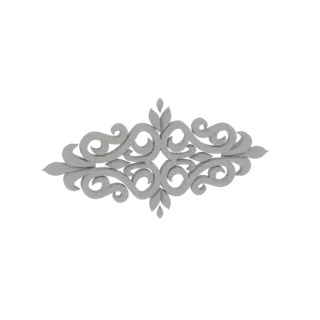 3D model of an elegant decorative ornament with symmetrical swirling patterns and leaf accents, rendered in gray.