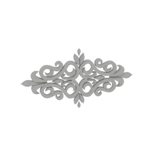 3D model of an elegant decorative ornament with symmetrical swirling patterns and leaf accents, rendered in gray.