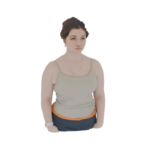 Modèle 3D d'une jeune femme aux cheveux bruns, portant un débardeur clair et une jupe sombre, debout et regardant légèrement