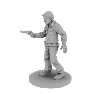3D-Modell eines männlichen Detektivs aus den 1980er Jahren, trägt ein Hemd mit Kragen und Hose, hält einen Revolver in der re