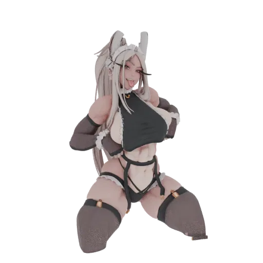 Uma renderização 3D de uma personagem de criada coelha musculosa com longos cabelos loiros, vestindo um traje de criada preto