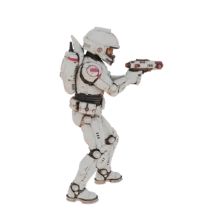 Side view of a white sci-fi soldier 3D model with a jetpack and blaster, posed as if ready to fire.
