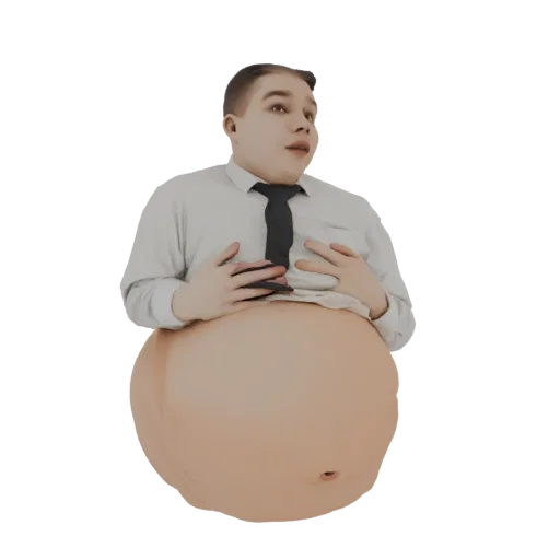 3D model of a man in a white shirt and tie, looking surprised with his hands on his very large, round belly.