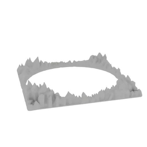 3D render of a circular terrain base with sharp, jagged edges, presented on a white background.