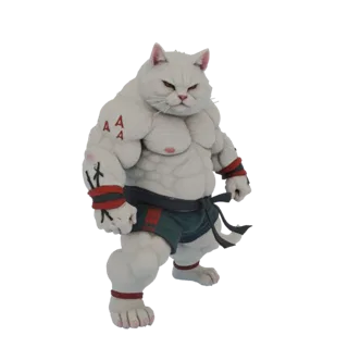 Modelo 3D de un gato guerrero blanco musculoso con ojos rojos, vistiendo atuendo de artes marciales y mostrando su poderoso f
